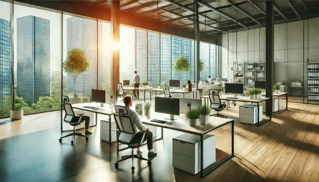 Escritório moderno com poucos trabalhadores, representando a escala 4x3 e a produtividade em jornadas reduzidas.