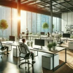 Escritório moderno com poucos trabalhadores, representando a escala 4x3 e a produtividade em jornadas reduzidas.