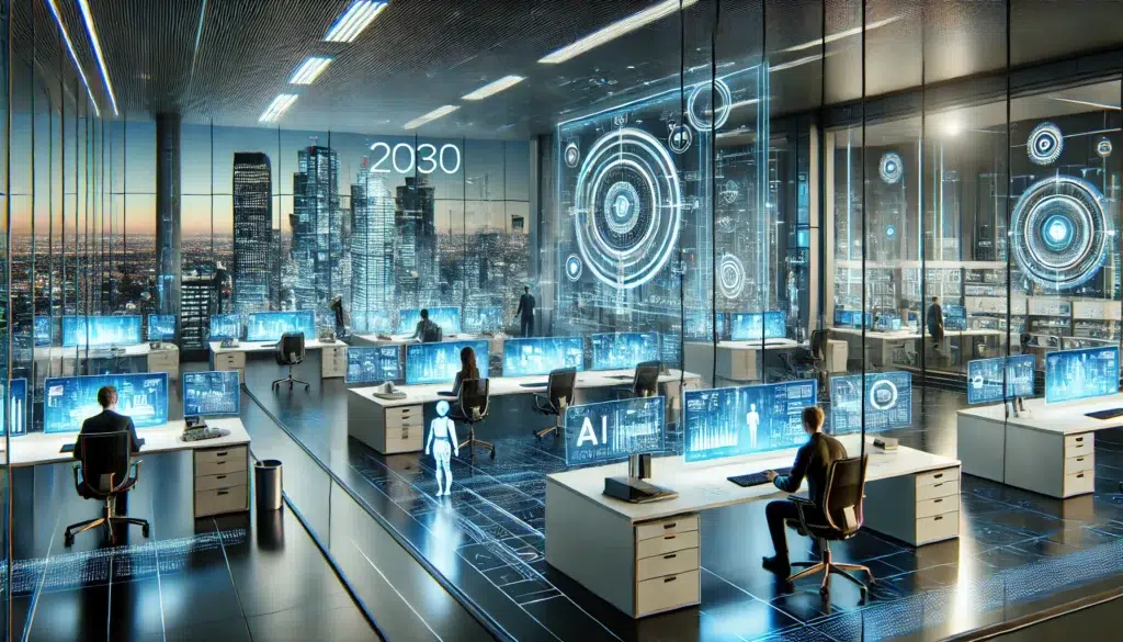 Representação visual do futuro do trabalho, com tecnologia, IA e profissionais desenvolvendo novas habilidades em um ambiente inovador.