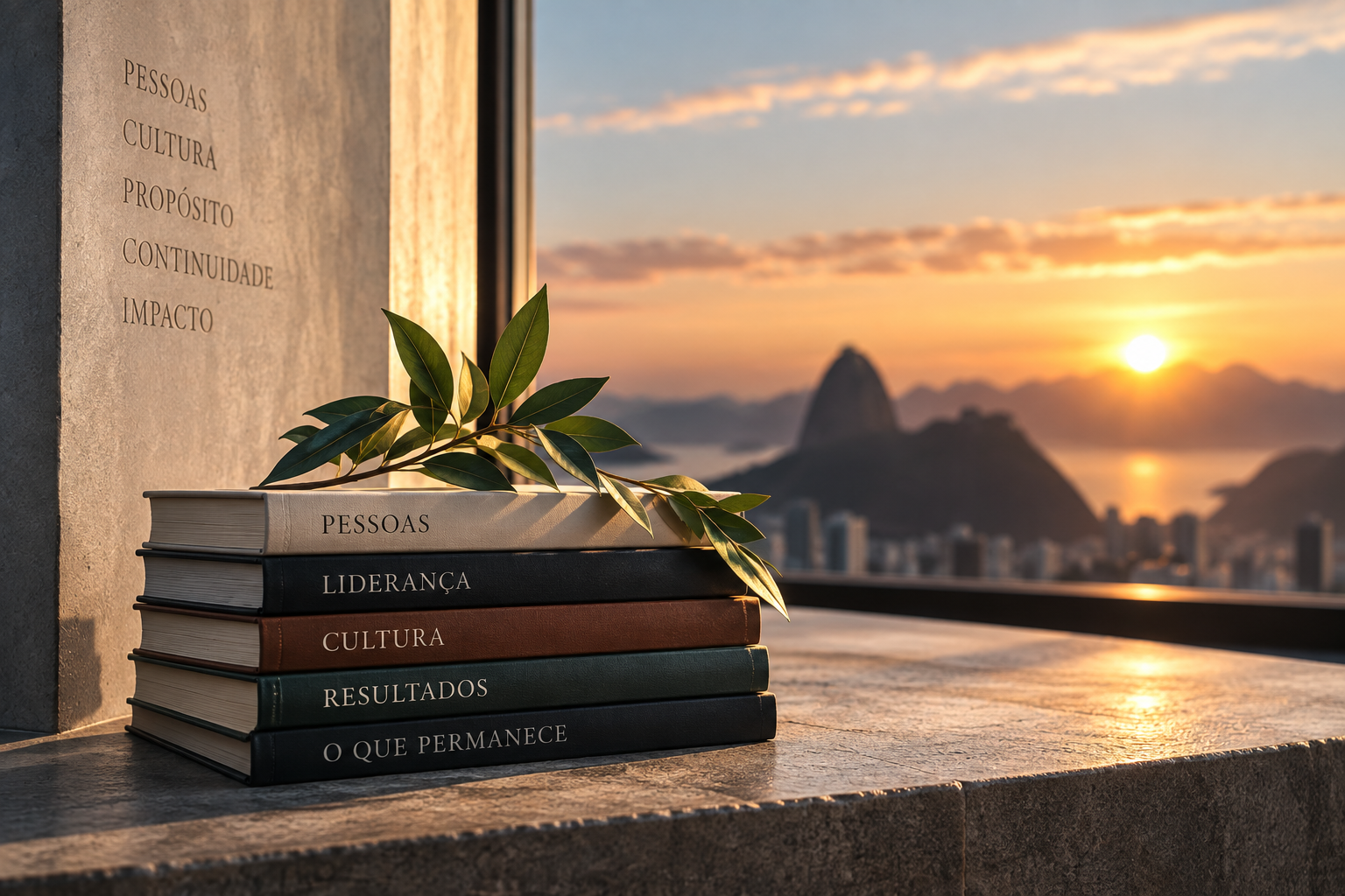 Legado na liderança representado por livros sobre pessoas, liderança, cultura, resultados e o que permanece