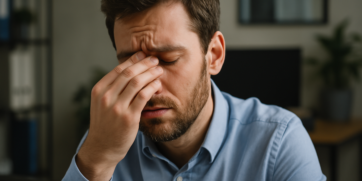 Homem no escritório com semblante cansado e estressado.